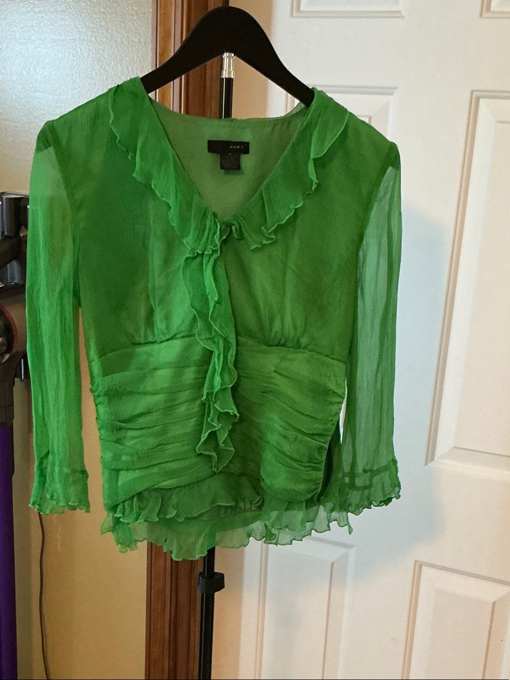 Sheer Emerald Ruffle Blouse with Ruched Waist - Women Tops